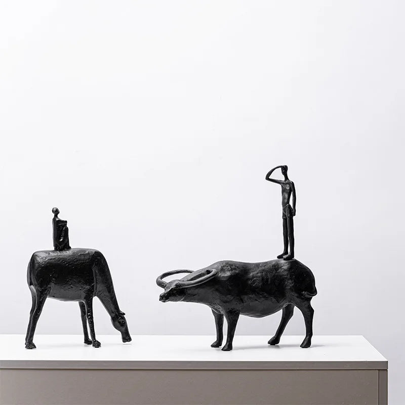 Modern Abstract Resin Crafts Wrangler Porch Desktop Ornaments Living Room Decoration Herd Cattle Black Person Home Decoration