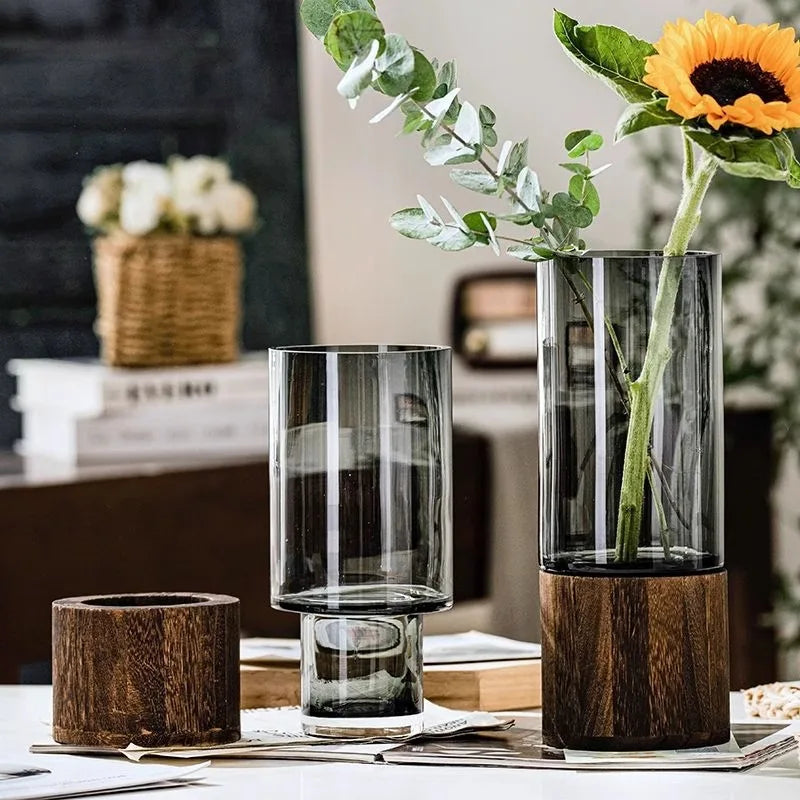 Minimalist Glass Vase with Wooden Base for Hydroponic Plants, Retro Modern Tabletop Floral Arrangement Home Decoration European