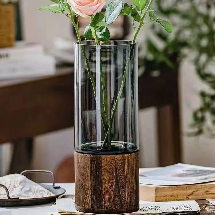Minimalist Glass Vase with Wooden Base for Hydroponic Plants, Retro Modern Tabletop Floral Arrangement Home Decoration European