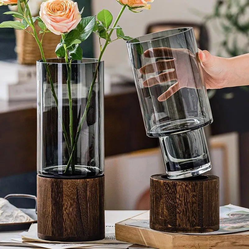 Minimalist Glass Vase with Wooden Base for Hydroponic Plants, Retro Modern Tabletop Floral Arrangement Home Decoration European