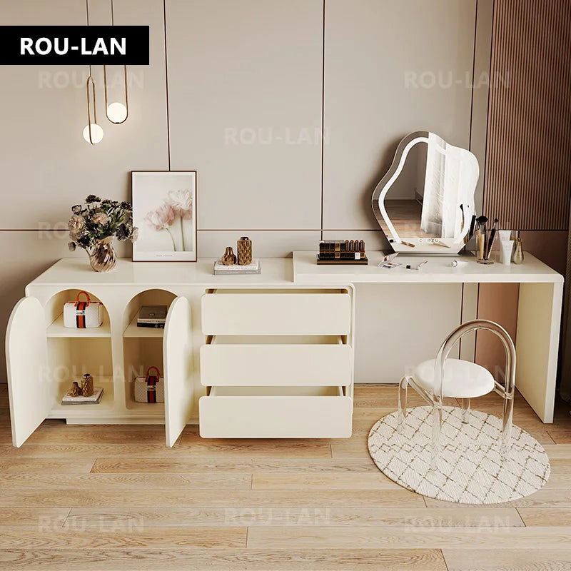 Modern Minimalist Dressing Table Telescopic Vanity With Storage Cabinet Makeup Mirror Bedroom Furniture