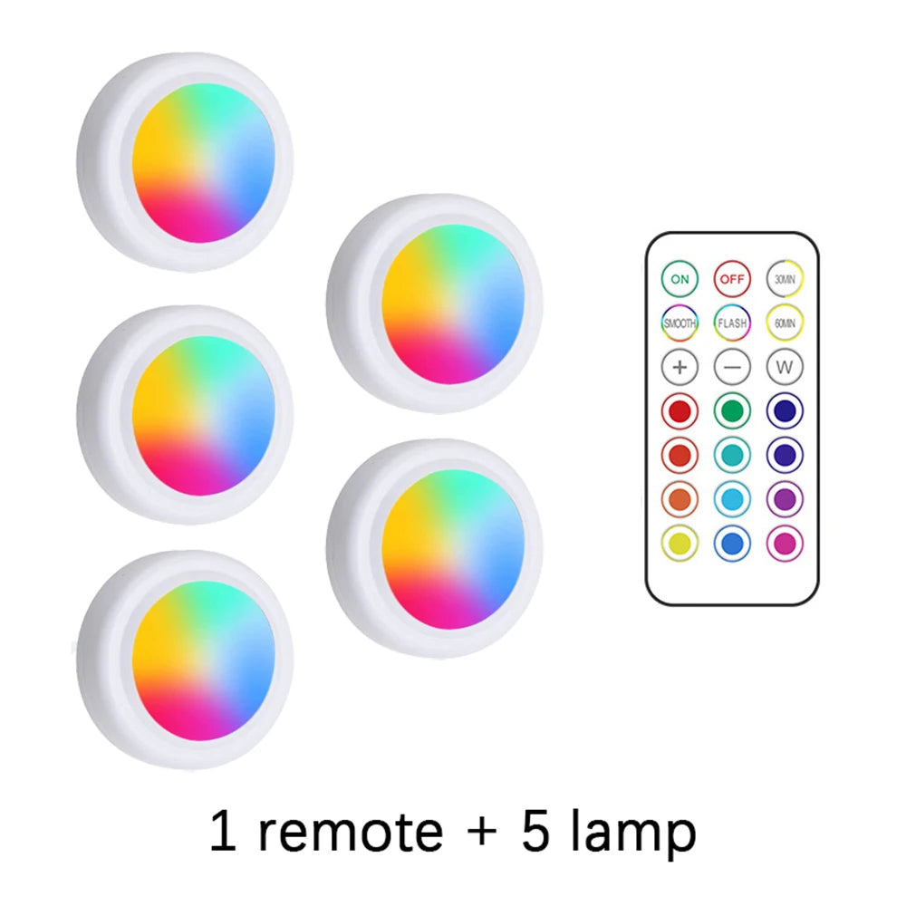 RGB Color Under Cabinet Lights Wireless Battery LED Lights Remote Control Dimmable Wardrobe Night Lamp For Bedroom Kitchen