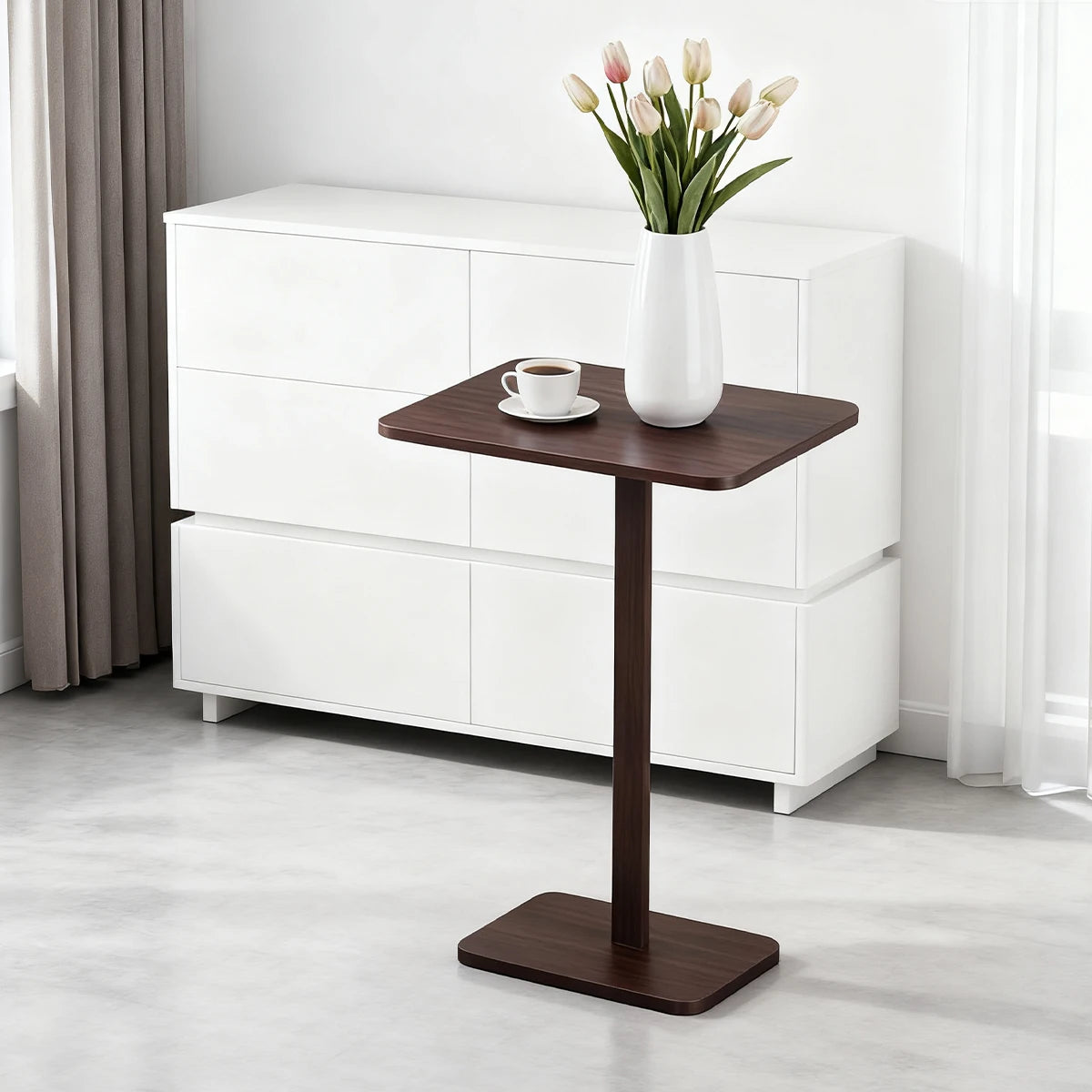Minimalist C-Shaped End Table，Lightweight Sofa Bed Tray，Rustic Brown for Small Living Room TV Snack