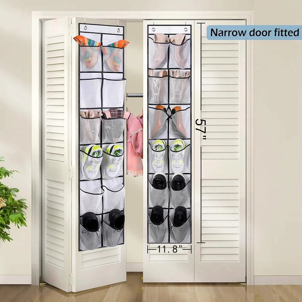 12 Pockets Over the Door Shoe Organizer Large Mesh Pockets With 2 Hooks Transparent Fabric Shoe Rack Storage Bag For Bedroom