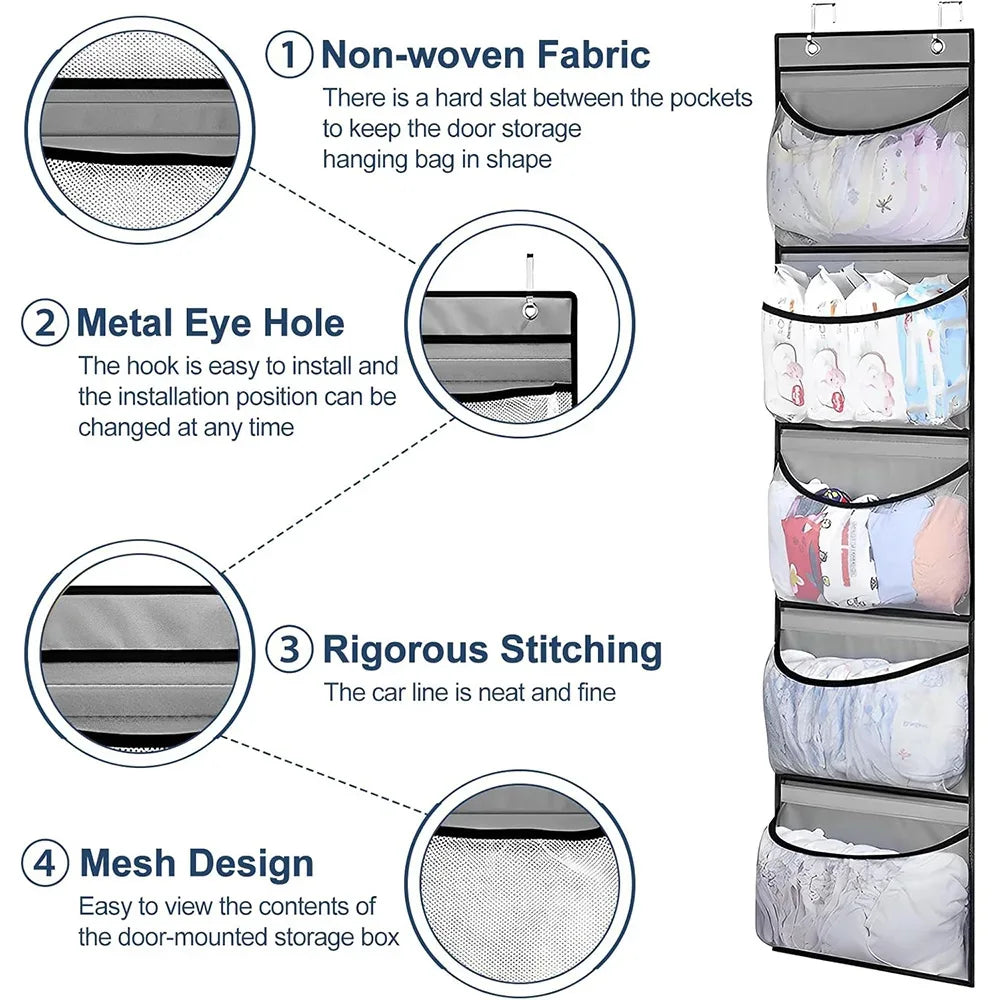 Foldable Wall Hanging Shelves Over The Door Clothes Organizer Storage for Closet with 5 Pockets Organizer for Bedroom Bathroom