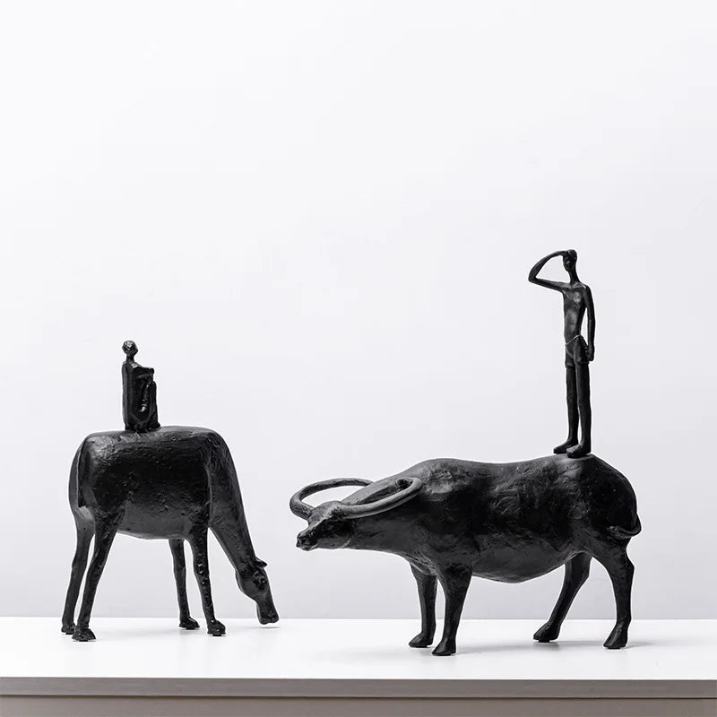 Modern Abstract Resin Crafts Wrangler Porch Desktop Ornaments Living Room Decoration Herd Cattle Black Person Home Decoration