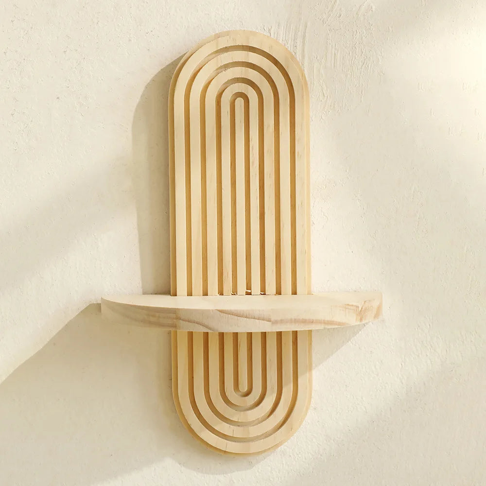 Boho Style Wooden Wall Mounted Shelves Plant Decorative Shelves Geometric Wall  Natural Finish Modern Home Decor ﻿