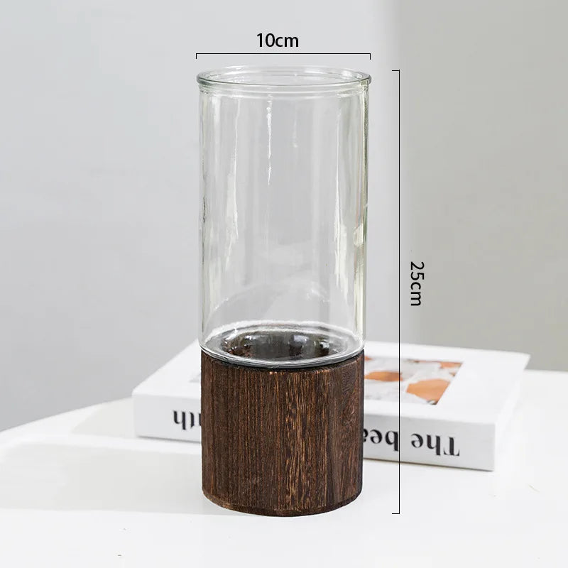 Minimalist Glass Vase with Wooden Base for Hydroponic Plants, Retro Modern Tabletop Floral Arrangement Home Decoration European