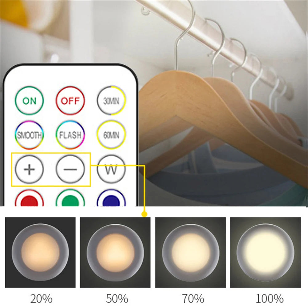RGB Color Under Cabinet Lights Wireless Battery LED Lights Remote Control Dimmable Wardrobe Night Lamp For Bedroom Kitchen