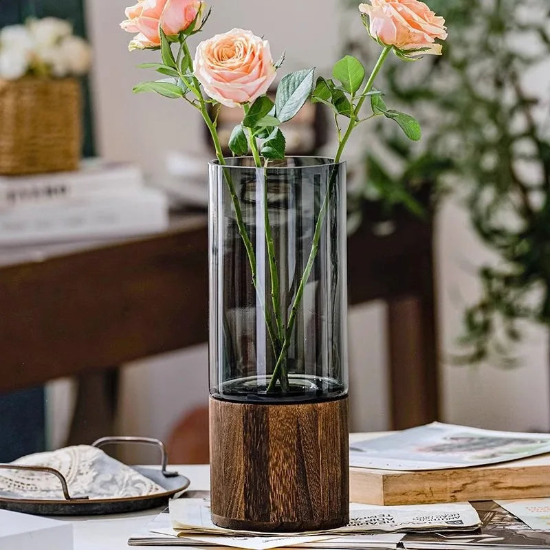 Minimalist Glass Vase with Wooden Base for Hydroponic Plants, Retro Modern Tabletop Floral Arrangement Home Decoration European